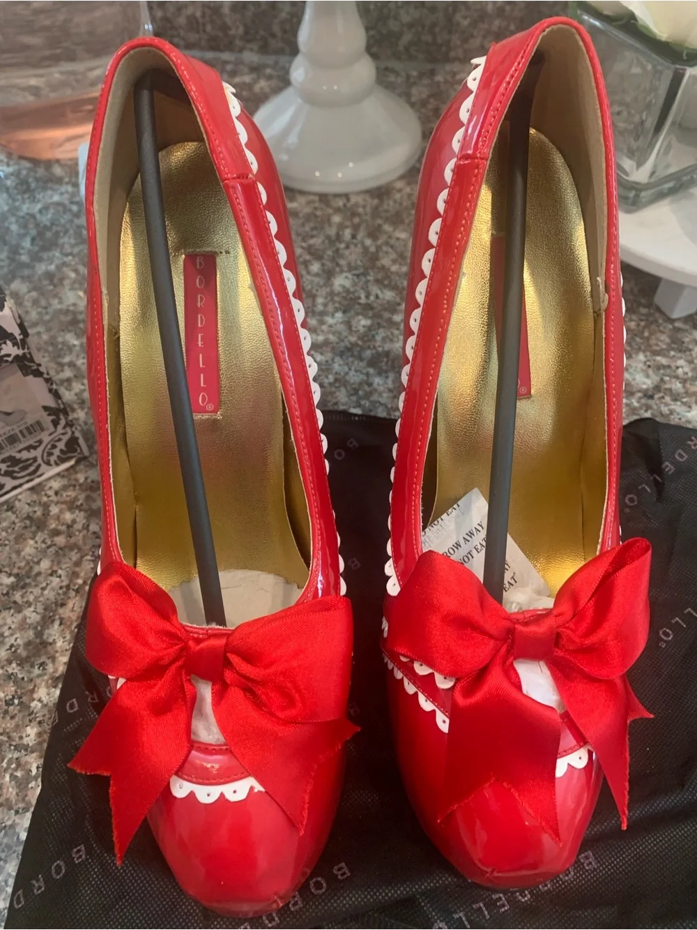 Pleaser Red Patent Platform Pumps with White Scallop Trim and Bow